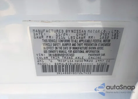 2025 Nissan Sentra S z USA, uszkodzony, nr VIN 3N1AB8BV8SY267453